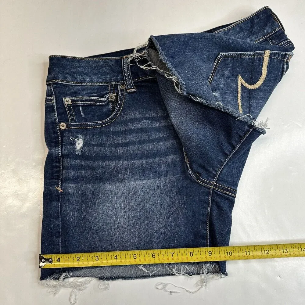 American Eagle Shorts Hi-Rise Shortie 8 Super Stretch Denim Blue Jean Distress
